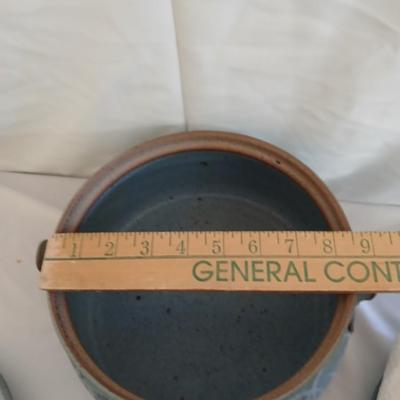 Vintage Handmade signed pottery lidded Soup Tureen with 3 plates