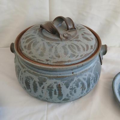 Vintage Handmade signed pottery lidded Soup Tureen with 3 plates