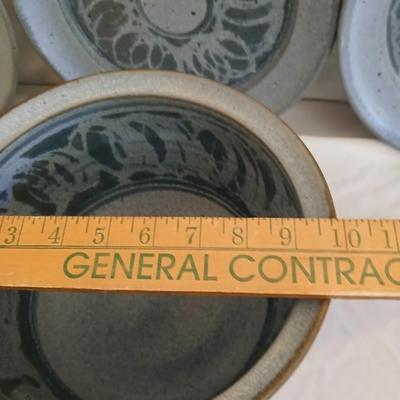 Vintage handmade signed pottery large 7" tall bowl with three small plates