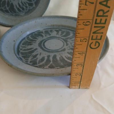 Vintage handmade signed pottery large 7" tall bowl with three small plates