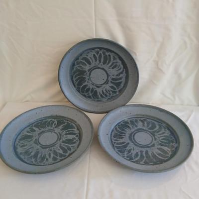 Vintage handmade signed pottery large 7" tall bowl with three small plates