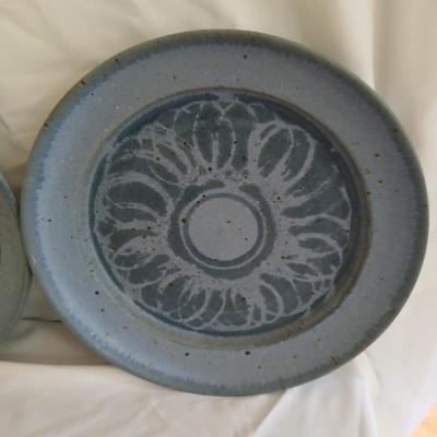 Vintage handmade signed pottery large 7" tall bowl with three small plates