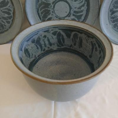 Vintage handmade signed pottery large 7" tall bowl with three small plates
