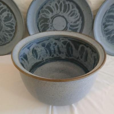 Vintage handmade signed pottery large 7" tall bowl with three small plates