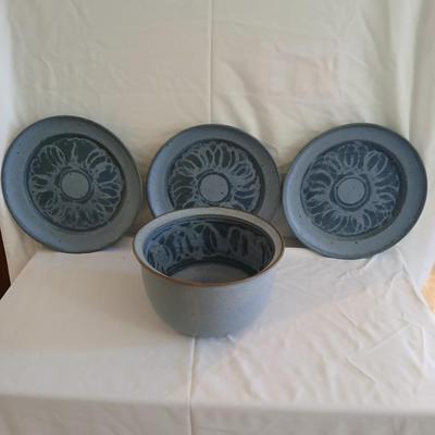 Vintage handmade signed pottery large 7" tall bowl with three small plates