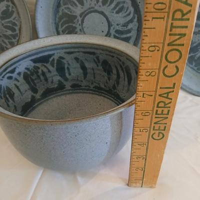Vintage handmade signed pottery large 7" tall bowl with three small plates