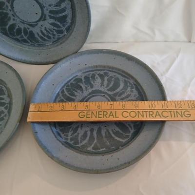 Vintage handmade signed pottery large 7" tall bowl with three small plates