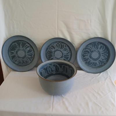 Vintage handmade signed pottery large 7" tall bowl with three small plates