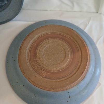 Vintage handmade signed pottery large 7" tall bowl with three small plates