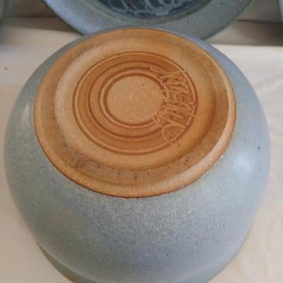 Vintage handmade signed pottery large 7" tall bowl with three small plates