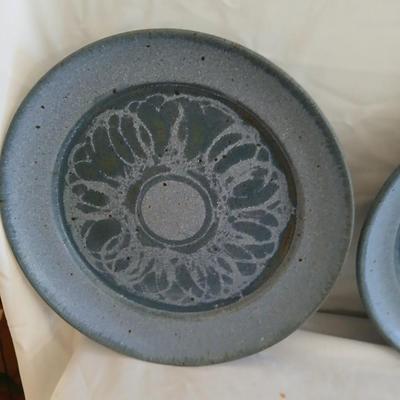 Vintage handmade signed pottery large 7" tall bowl with three small plates