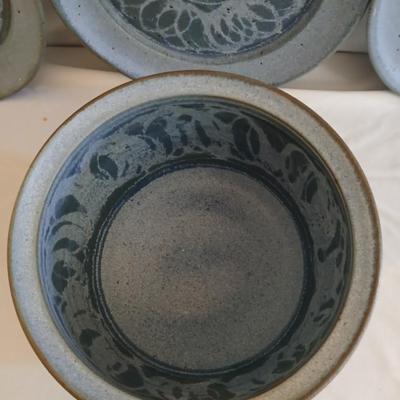 Vintage handmade signed pottery large 7" tall bowl with three small plates