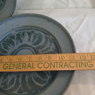 Vintage handmade signed pottery large 7" tall bowl with three small plates