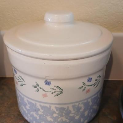 Vintage, White and Blue Crock Kitchen Canisters Set of 3 by Santa Ana Crock Shop