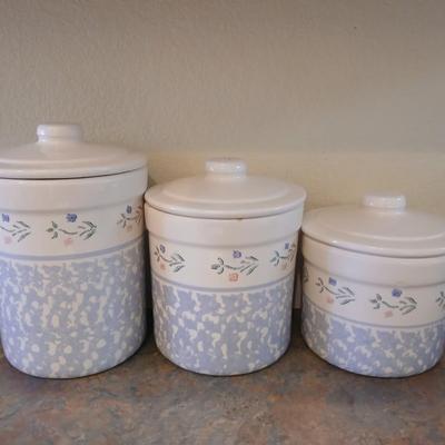 Vintage, White and Blue Crock Kitchen Canisters Set of 3 by Santa Ana Crock Shop