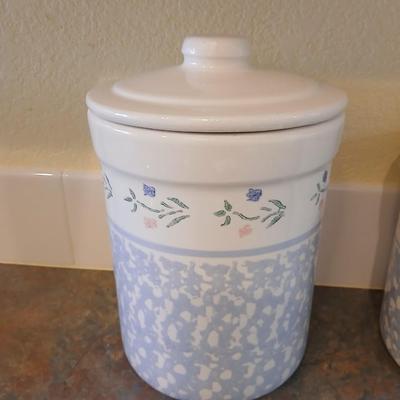 Vintage, White and Blue Crock Kitchen Canisters Set of 3 by Santa Ana Crock Shop