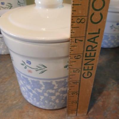 Vintage, White and Blue Crock Kitchen Canisters Set of 3 by Santa Ana Crock Shop