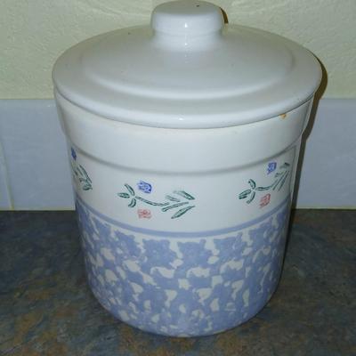 Vintage, White and Blue Crock Kitchen Canisters Set of 3 by Santa Ana Crock Shop