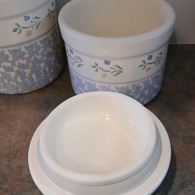 Vintage, White and Blue Crock Kitchen Canisters Set of 3 by Santa Ana Crock Shop