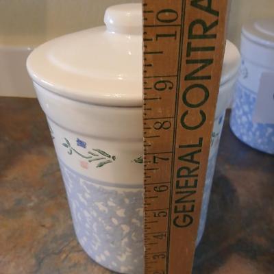 Vintage, White and Blue Crock Kitchen Canisters Set of 3 by Santa Ana Crock Shop
