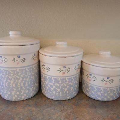 Vintage, White and Blue Crock Kitchen Canisters Set of 3 by Santa Ana Crock Shop