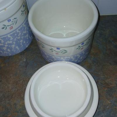 Vintage, White and Blue Crock Kitchen Canisters Set of 3 by Santa Ana Crock Shop