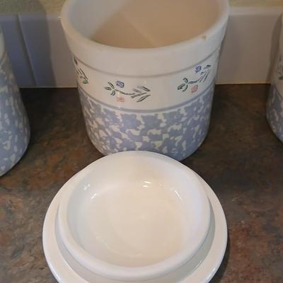 Vintage, White and Blue Crock Kitchen Canisters Set of 3 by Santa Ana Crock Shop
