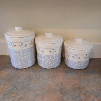 Vintage, White and Blue Crock Kitchen Canisters Set of 3 by Santa Ana Crock Shop