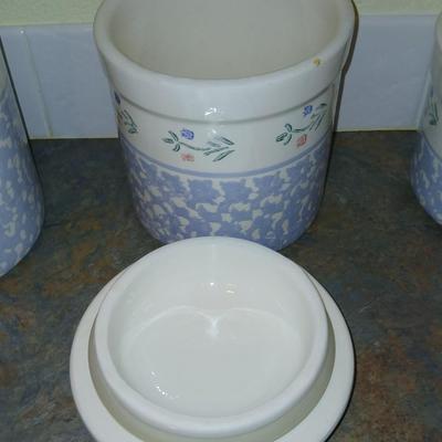 Vintage, White and Blue Crock Kitchen Canisters Set of 3 by Santa Ana Crock Shop