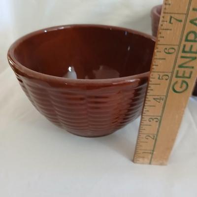 Lot Of 3 Vintage Watt Brown Nesting Mixing Bowls Oven Ware Basket Weave Pattern with Vintage Venetian Salt and Pepper Shakers Japan