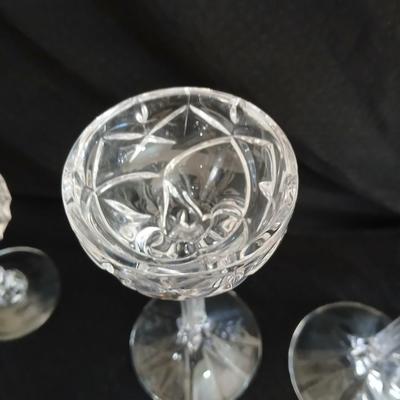Set of 6 heavy glass stemware wine glasses and two matching crystal champagne glasses