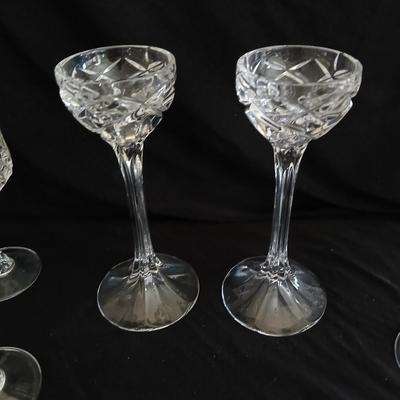 Set of 6 heavy glass stemware wine glasses and two matching crystal champagne glasses