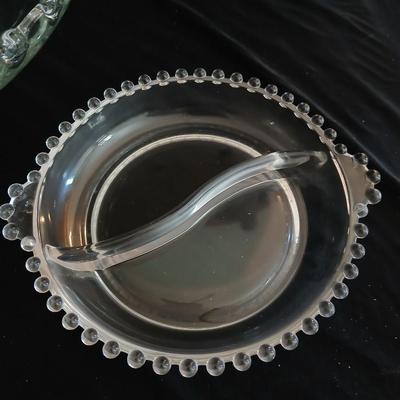 Vintage Heisey glass, large low console bowl Lariat pattern and Imperial glass Candlewick divided dish