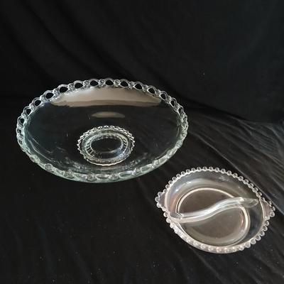 Vintage Heisey glass, large low console bowl Lariat pattern and Imperial glass Candlewick divided dish