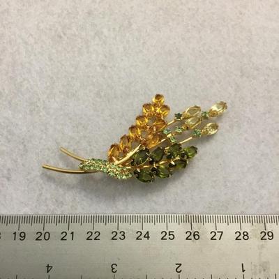 1950s sparkling green and yellow, crystal rhinestone flower brooch