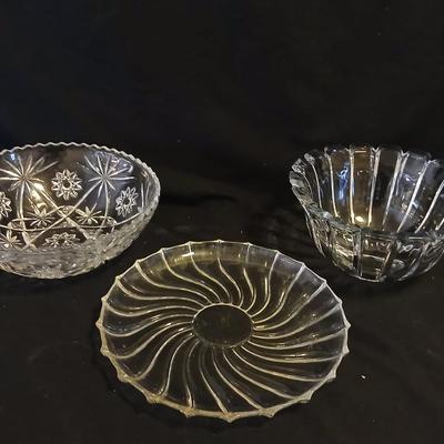 Two beautiful vintage glass bowls and a platter - one bowl is heavy - crystal like