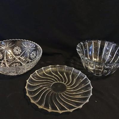 Two beautiful vintage glass bowls and a platter - one bowl is heavy - crystal like
