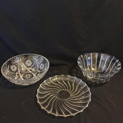 Two beautiful vintage glass bowls and a platter - one bowl is heavy - crystal like