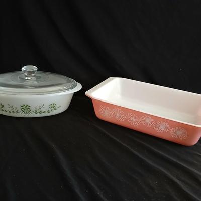 Vintage Pyrex Pink Daisy Space Saver Dish 2162 - Retro Pink Pyrex Glasbake Green Crazy Daisy Casserole Baking Dish with lid J235
