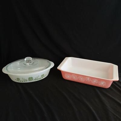 Vintage Pyrex Pink Daisy Space Saver Dish 2162 - Retro Pink Pyrex Glasbake Green Crazy Daisy Casserole Baking Dish with lid J235