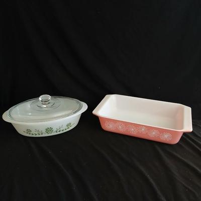 Vintage Pyrex Pink Daisy Space Saver Dish 2162 - Retro Pink Pyrex Glasbake Green Crazy Daisy Casserole Baking Dish with lid J235