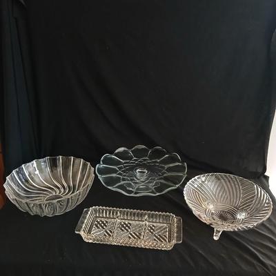 Crystal glass Dishware - Vintage kitchen Glassware pedestal platter - bowls - divided dish