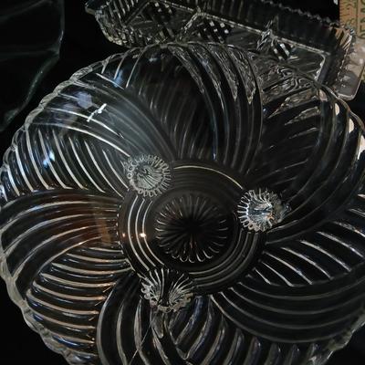 Crystal glass Dishware - Vintage kitchen Glassware pedestal platter - bowls - divided dish
