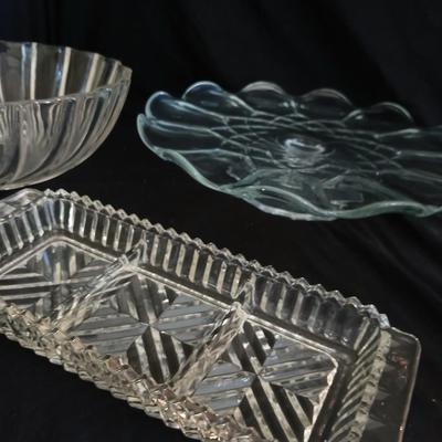 Crystal glass Dishware - Vintage kitchen Glassware pedestal platter - bowls - divided dish