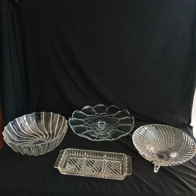 Crystal glass Dishware - Vintage kitchen Glassware pedestal platter - bowls - divided dish