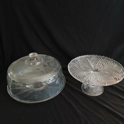 Lidded Dome glass cake plate and pedestal cake stand / platter
