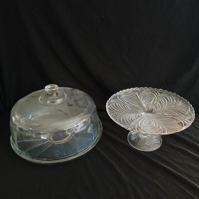 Lidded Dome glass cake plate and pedestal cake stand / platter