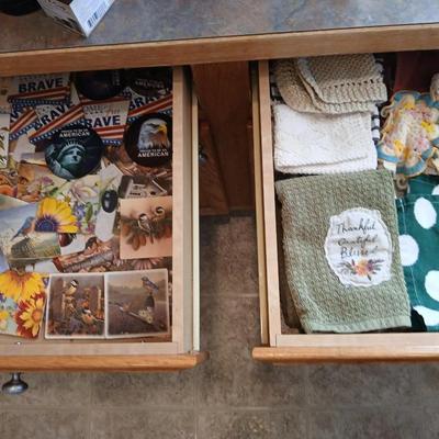 Assortment of coasters and kitchen hand towels with a few crocheted dish cloths