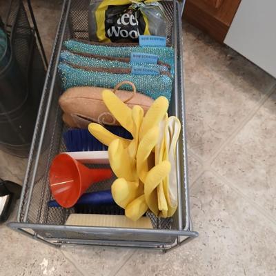 Chrome trash can double organizer with household cleaning chemicals - brushes and sponges