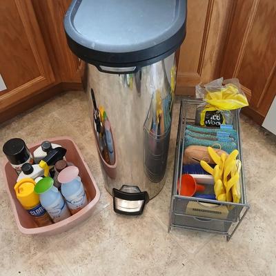 Chrome trash can double organizer with household cleaning chemicals - brushes and sponges